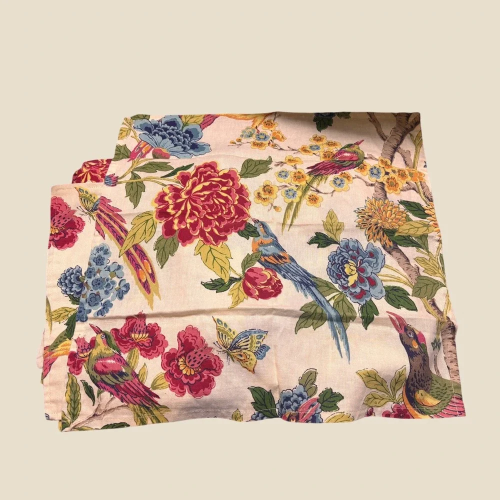 World Market Whippoorwill Placemats Napkins Set 4pc Cream Floral Bird Excellent